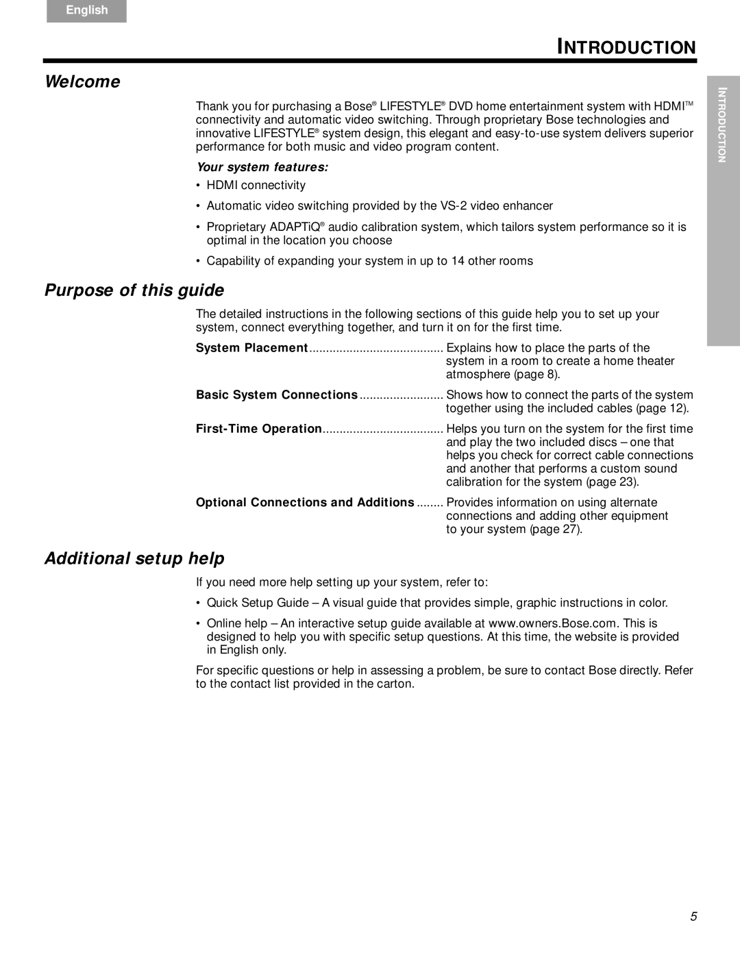 Bose VS-2 manual Introduction, Welcome, Purpose of this guide, Additional setup help, Your system features 