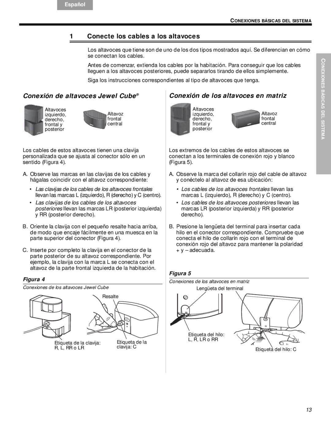 Bose VS-2 manual Conecte los cables a los altavoces, Conexión de altavoces Jewel Cube, Conexión de los altavoces en matriz 