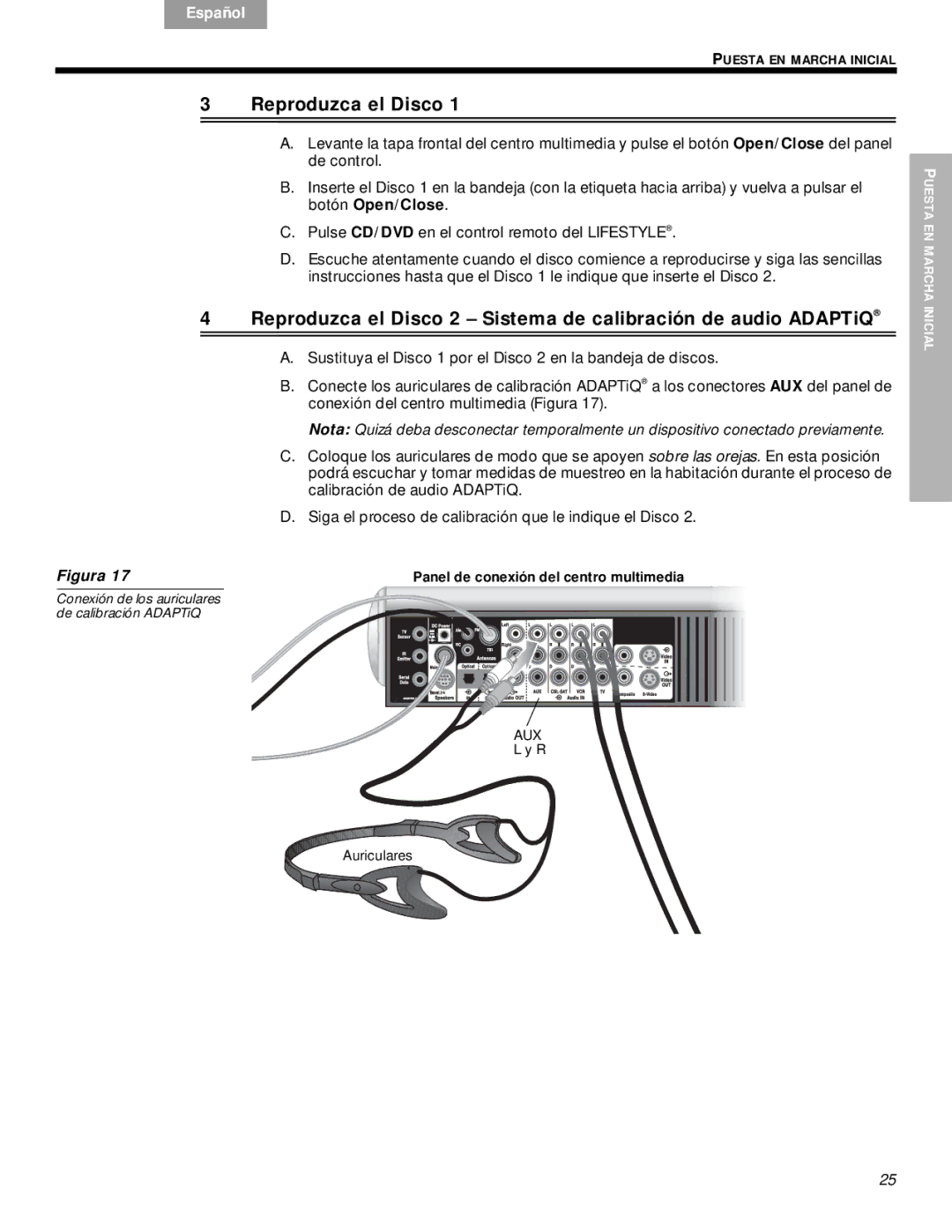 Bose VS-2 manual Reproduzca el Disco, Panel de conexión del centro multimedia 