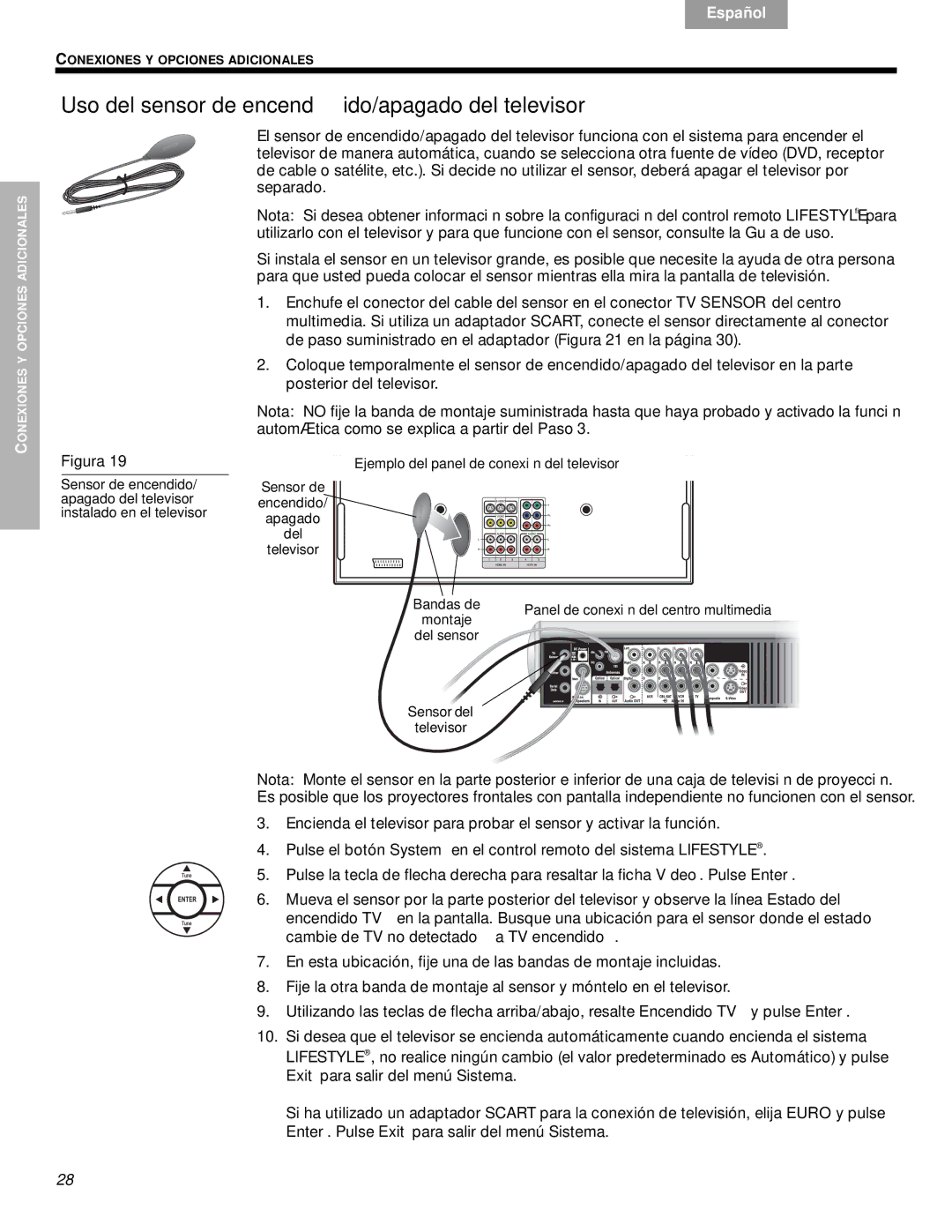 Bose VS-2 manual Uso del sensor de encendido/apagado del televisor, Ejemplo del panel de conexión del televisor 