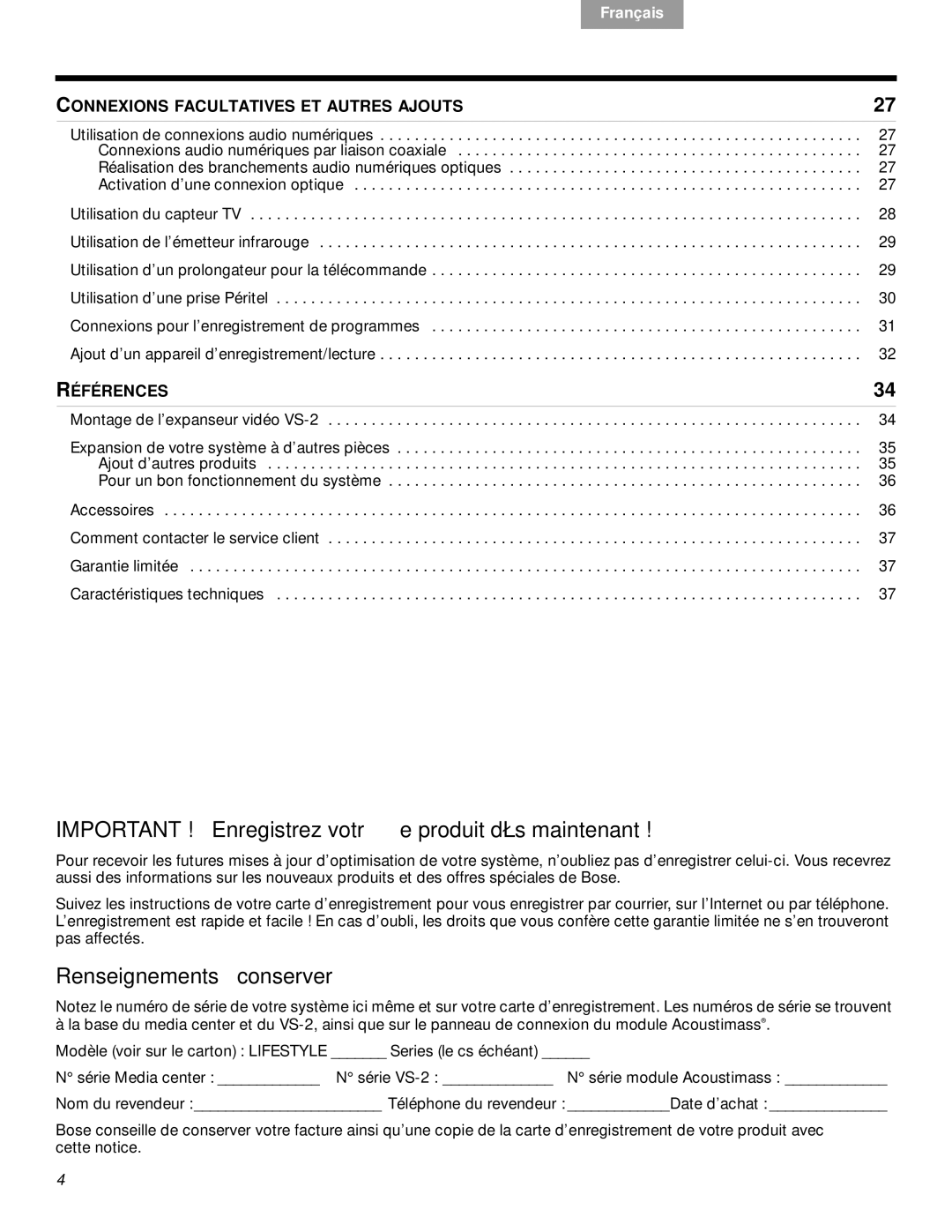 Bose VS-2 manual Important ! Enregistrez votre produit dès maintenant, Renseignements à conserver 