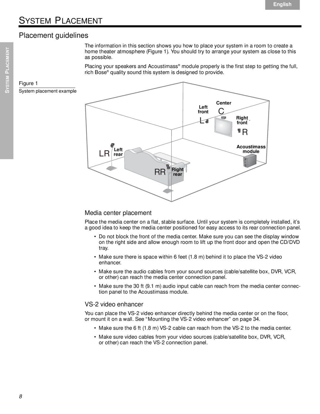 Bose manual System Placement, Placement guidelines, Media center placement, VS-2 video enhancer 