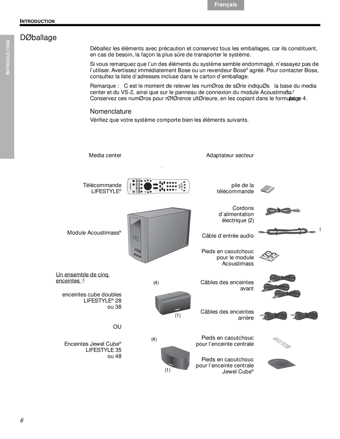 Bose VS-2 manual Déballage, Nomenclature 