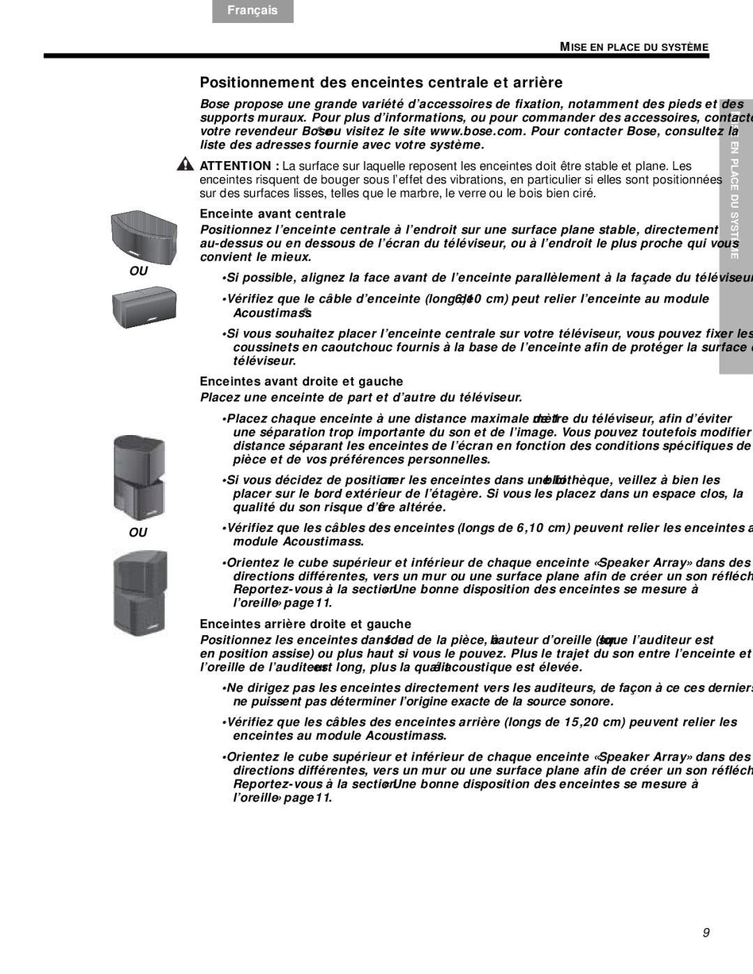 Bose VS-2 Positionnement des enceintes centrale et arrière, Enceinte avant centrale, Enceintes avant droite et gauche 