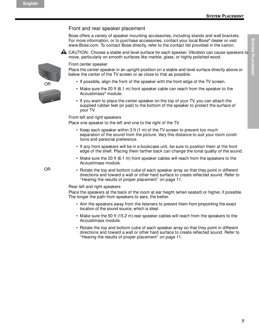 Bose VS-2 manual Front and rear speaker placement, Front center speaker, Front left and right speakers 