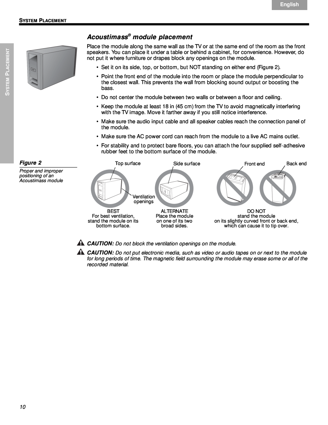 Bose VS-2 manual Acoustimass module placement, Nederlands, Svenska, English, Figure 