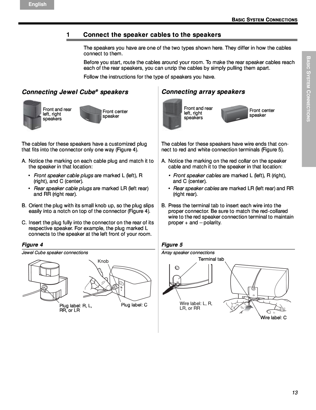 Bose VS-2 Connect the speaker cables to the speakers, Connecting Jewel Cube speakers, Connecting array speakers, English 