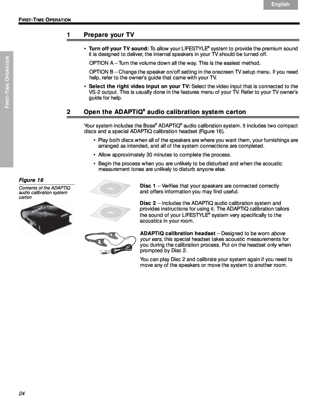 Bose VS-2 manual 1Prepare your TV, 2Open the ADAPTiQ audio calibration system carton, Nederlands, Svenska, English, Figure 