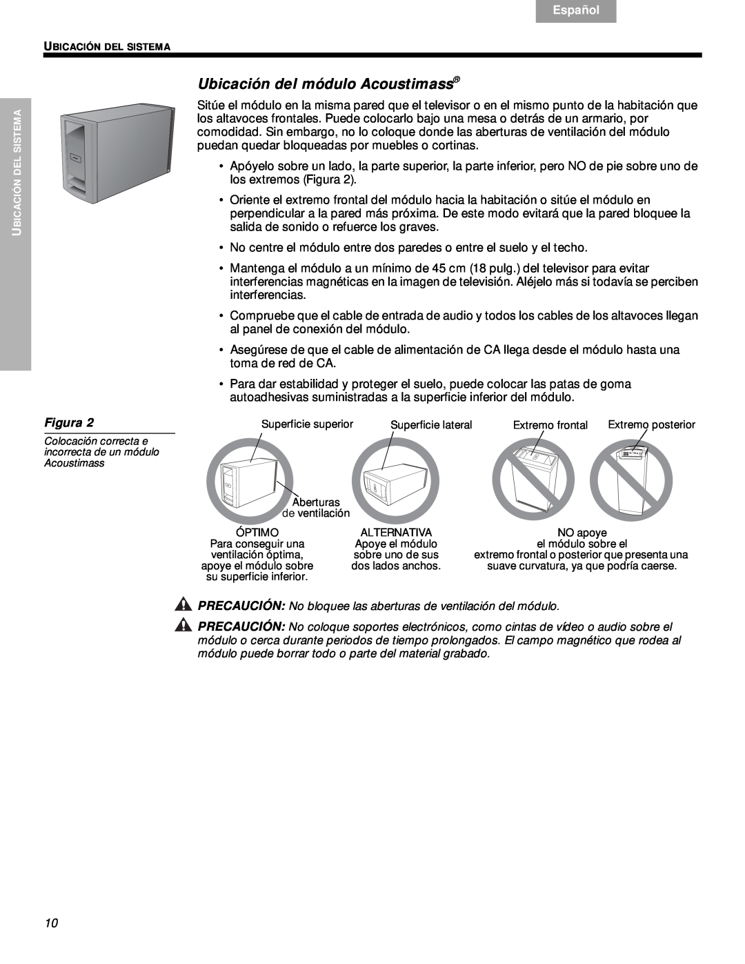 Bose VS-2 manual Ubicación del módulo Acoustimass, Svenska, Nederlands, Français, Español, English, Figura 