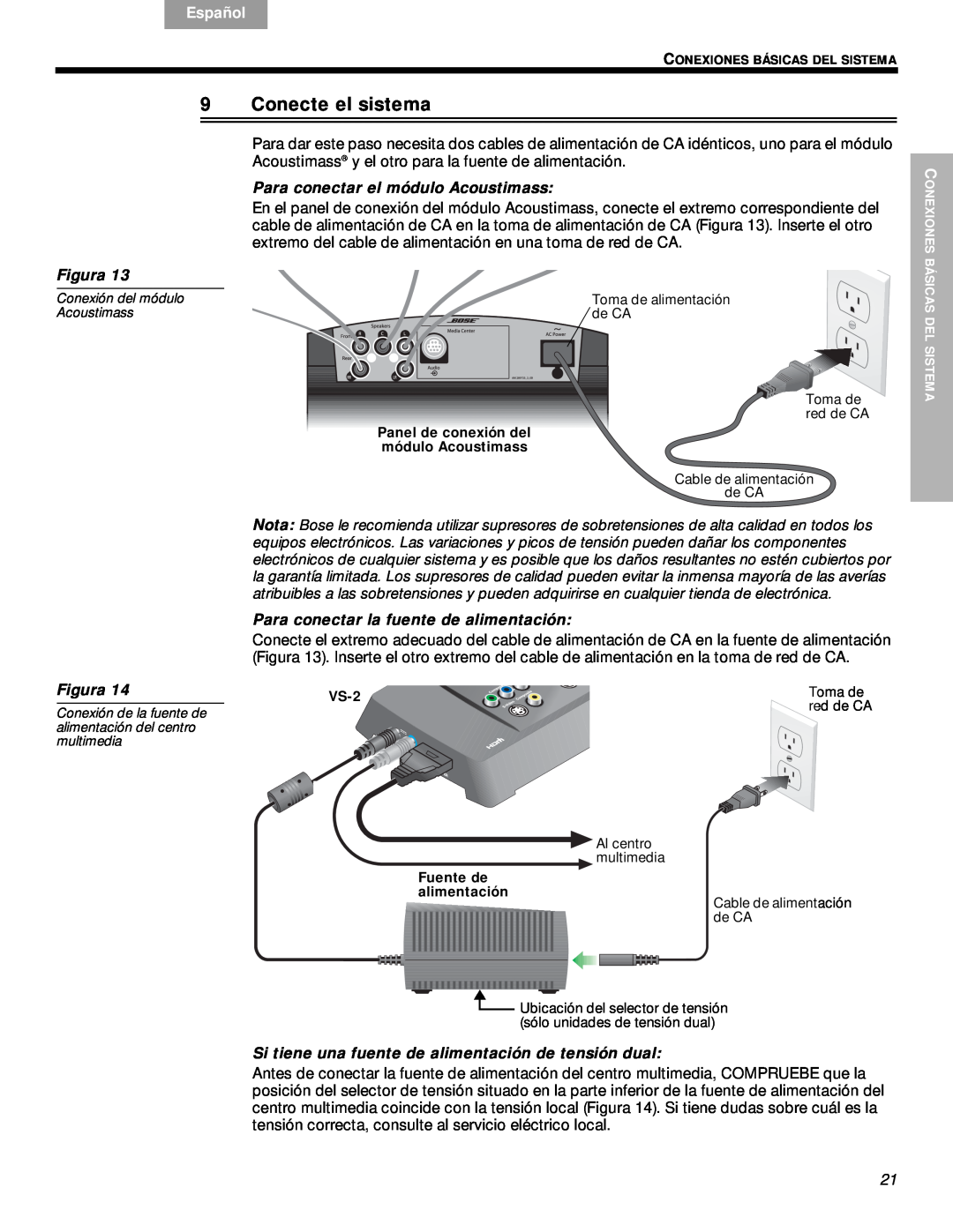 Bose VS-2 manual Conecte el sistema, Para conectar el módulo Acoustimass, Para conectar la fuente de alimentación, English 