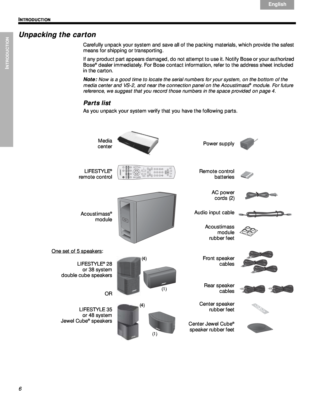 Bose VS-2 manual Unpacking the carton, Parts list, remote control, Nederlands, Svenska, English 