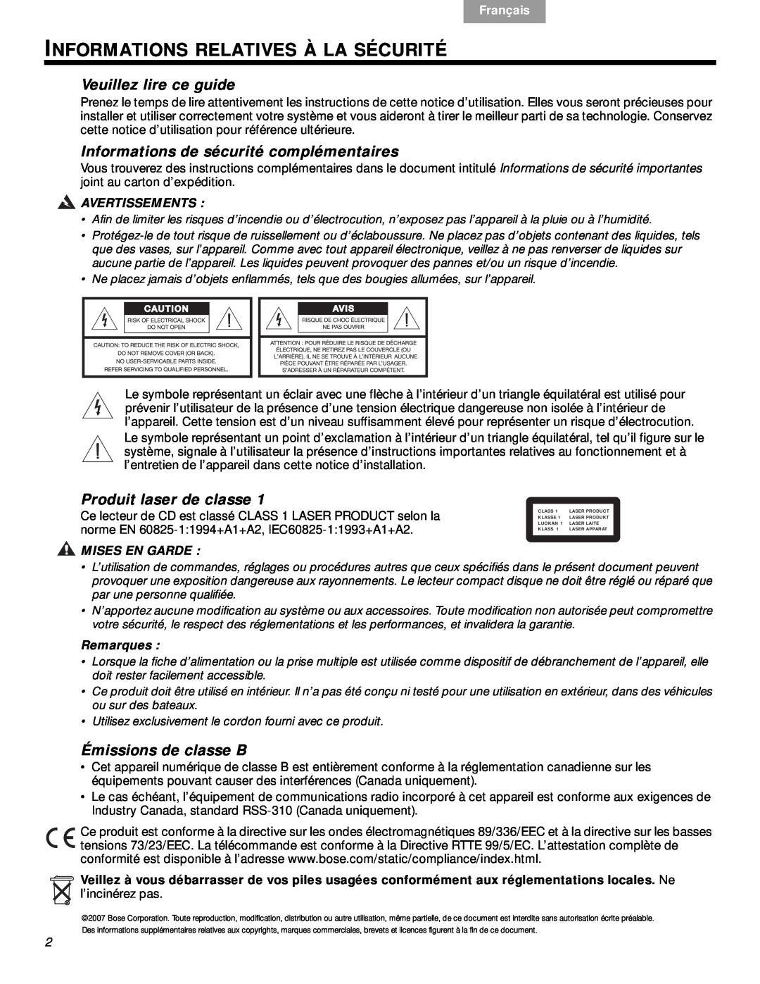 Bose VS-2 Informations Relatives À La Sécurité, Veuillez lire ce guide, Informations de sécurité complémentaires, Français 