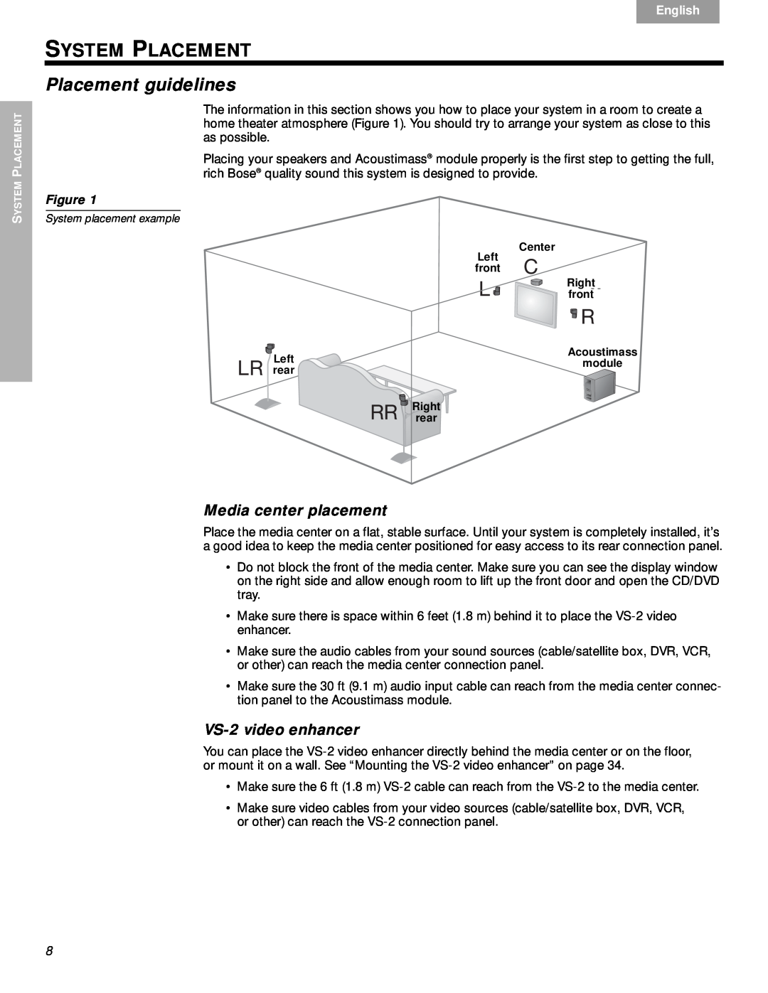 Bose System Placement, Placement guidelines, Media center placement, VS-2video enhancer, Figure, Nederlands, Svenska 