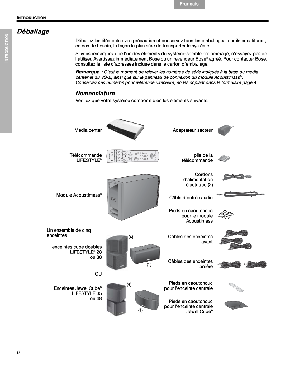 Bose VS-2 manual Déballage, Nomenclature, Media center, Adaptateur secteur, Télécommande, pile de la, télécommande, Svenska 