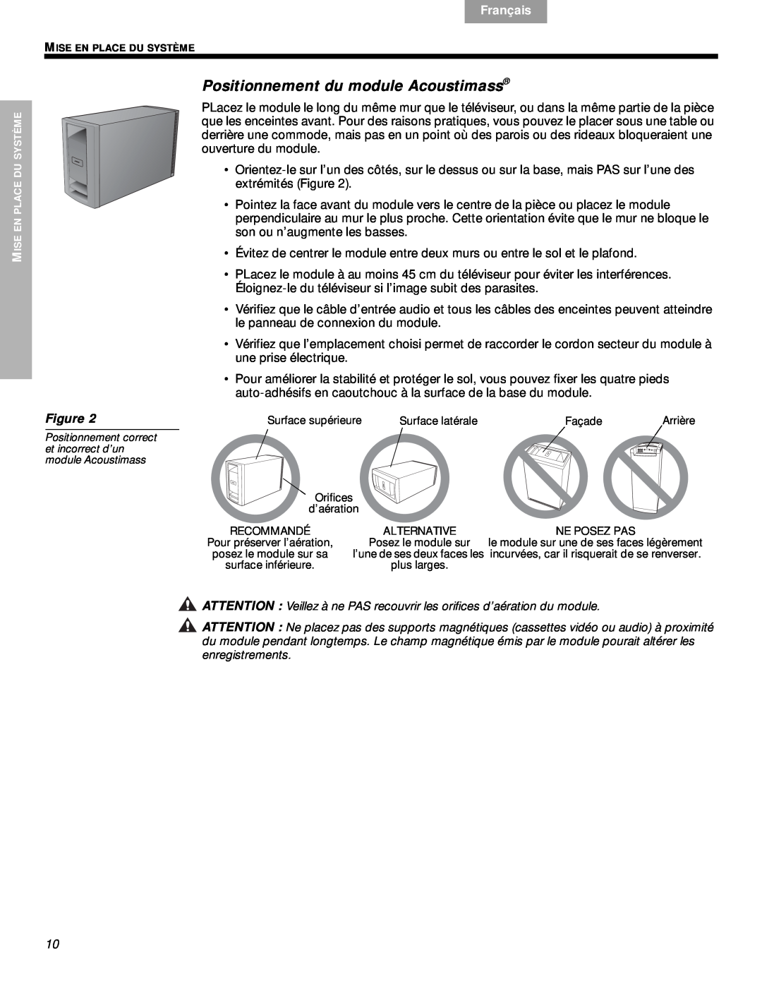Bose VS-2 manual Positionnement du module Acoustimass, Svenska, Nederlands, Français, Español, English, Figure 