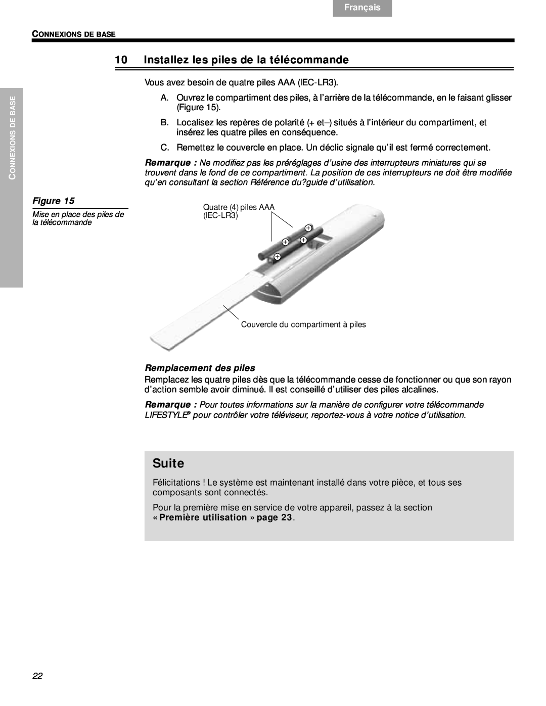 Bose VS-2 Installez les piles de la télécommande, Remplacement des piles, Suite, Svenska, Nederlands, Français, Español 
