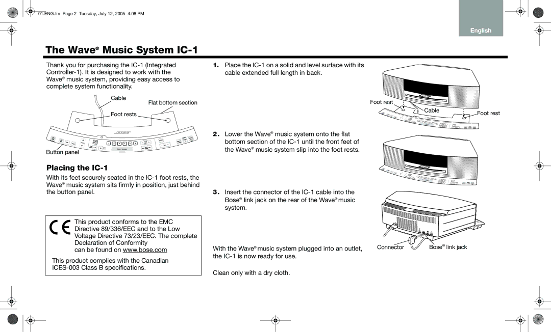 Bose wave music system ic-1 manual Wave Music System IC-1, Placing the IC-1 