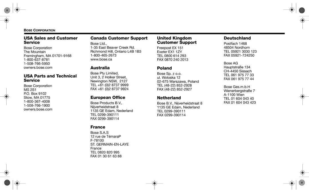 Bose wave music system ic-1 manual USA Sales and Customer Service, USA Parts and Technical Service, European Office, Poland 