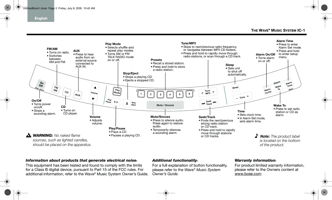 Bose wave music system ic-1 manual English Deutsch Español Français Italiano Nederlands, Korean Chin 