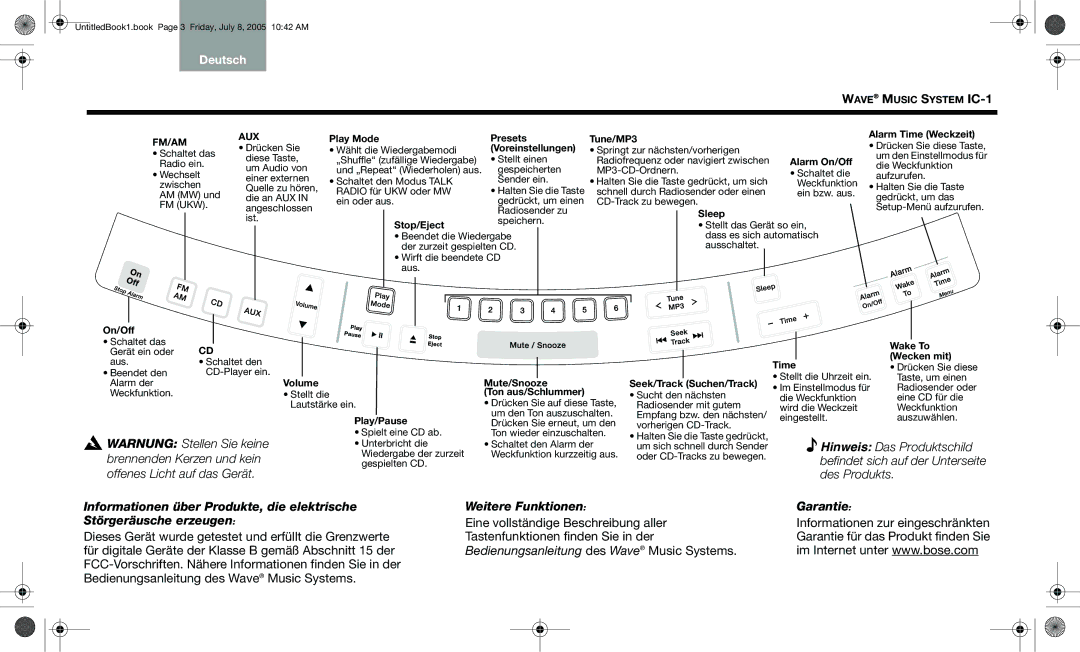 Bose wave music system ic-1 manual Weitere Funktionen, Garantie 