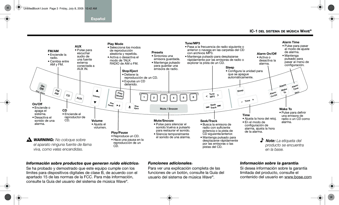 Bose wave music system ic-1 manual English Deutsch, Français Italiano Nederlands Thai Korean Chin, Funciones adicionales 