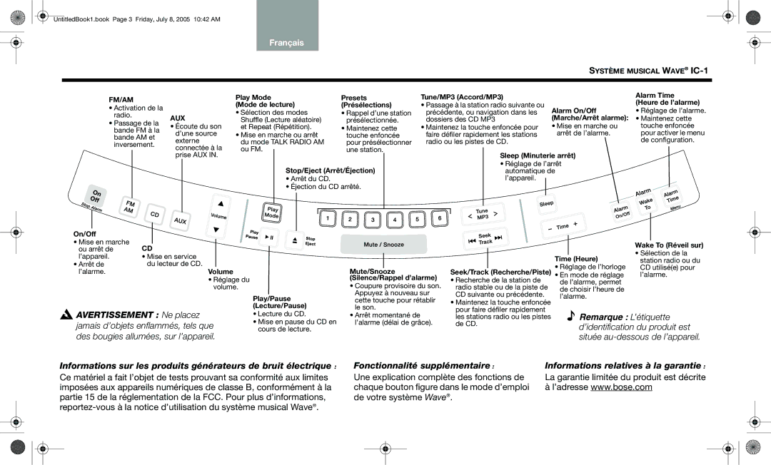 Bose wave music system ic-1 English Deutsch Español, Italiano Nederlands Thaï Korean Chin, Fonctionnalité supplémentaire 