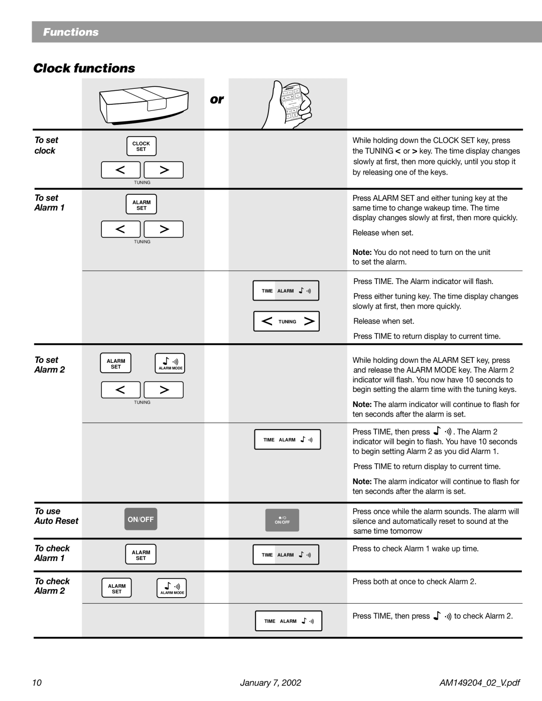 Bose Wave Radio manual Clock functions, Release when set Press TIME. The Alarm indicator will flash 