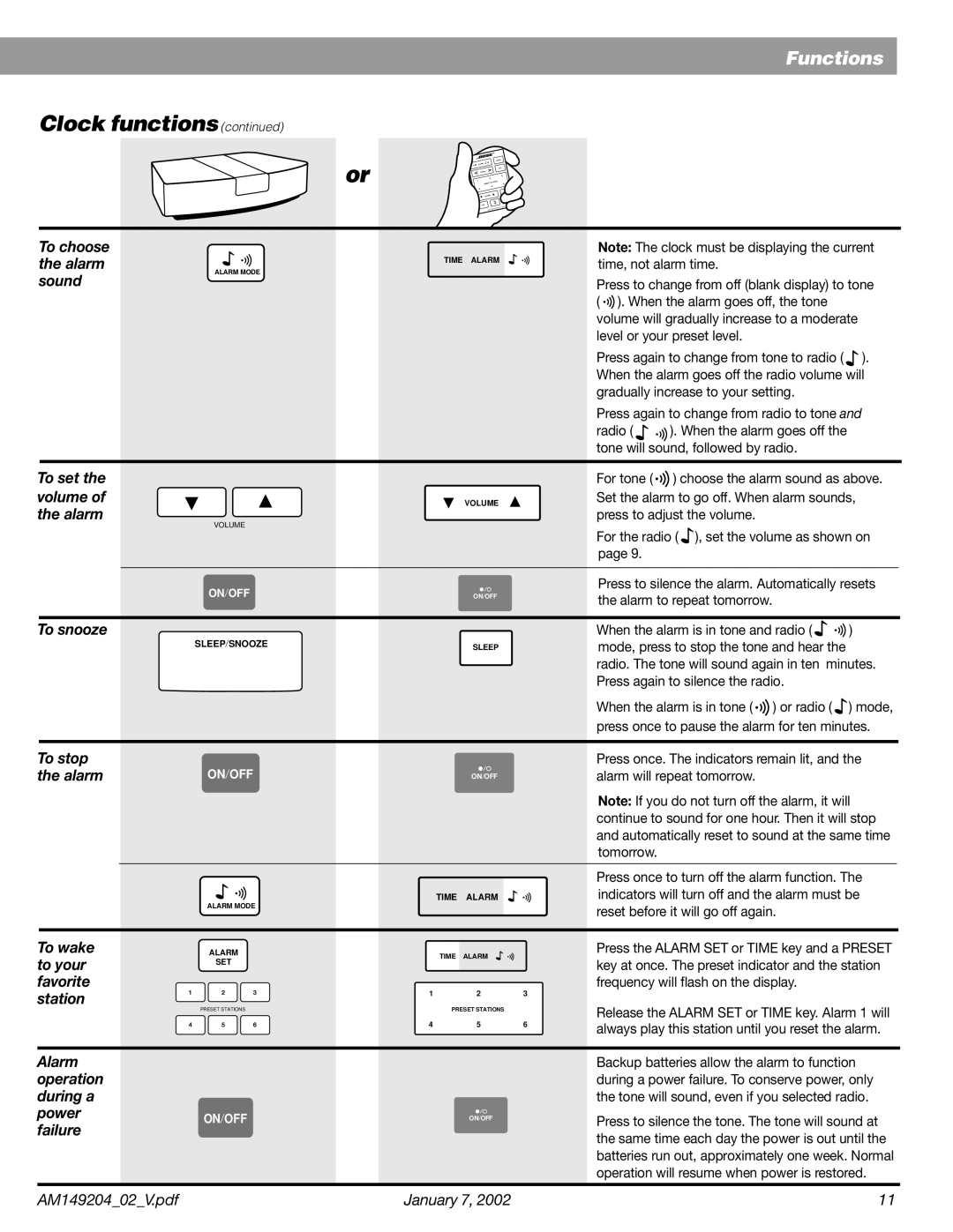 Bose Wave Radio Time, not alarm time, When the alarm goes off the radio volume will, Press once. The indicators remain lit 