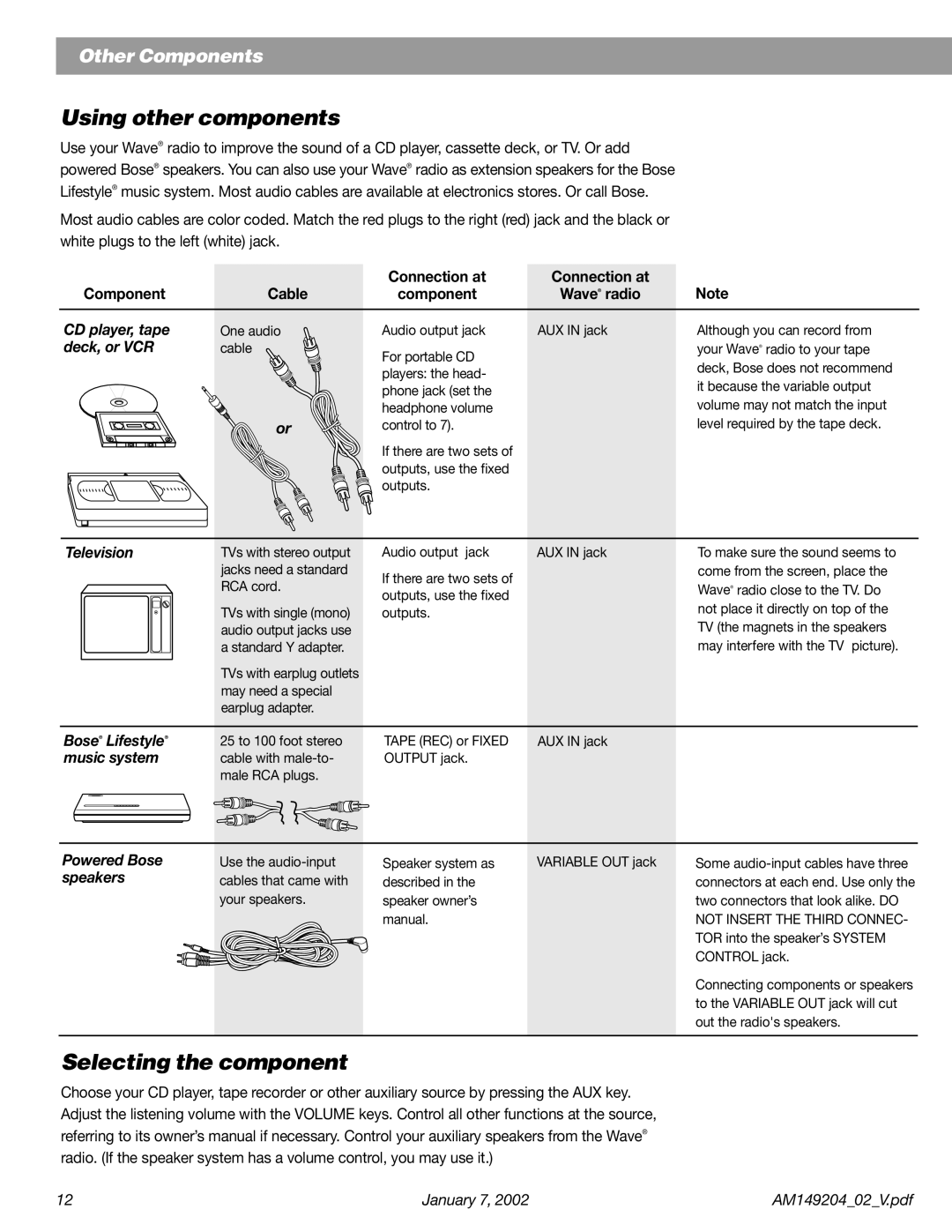 Bose Wave Radio manual Using other components, Selecting the component 