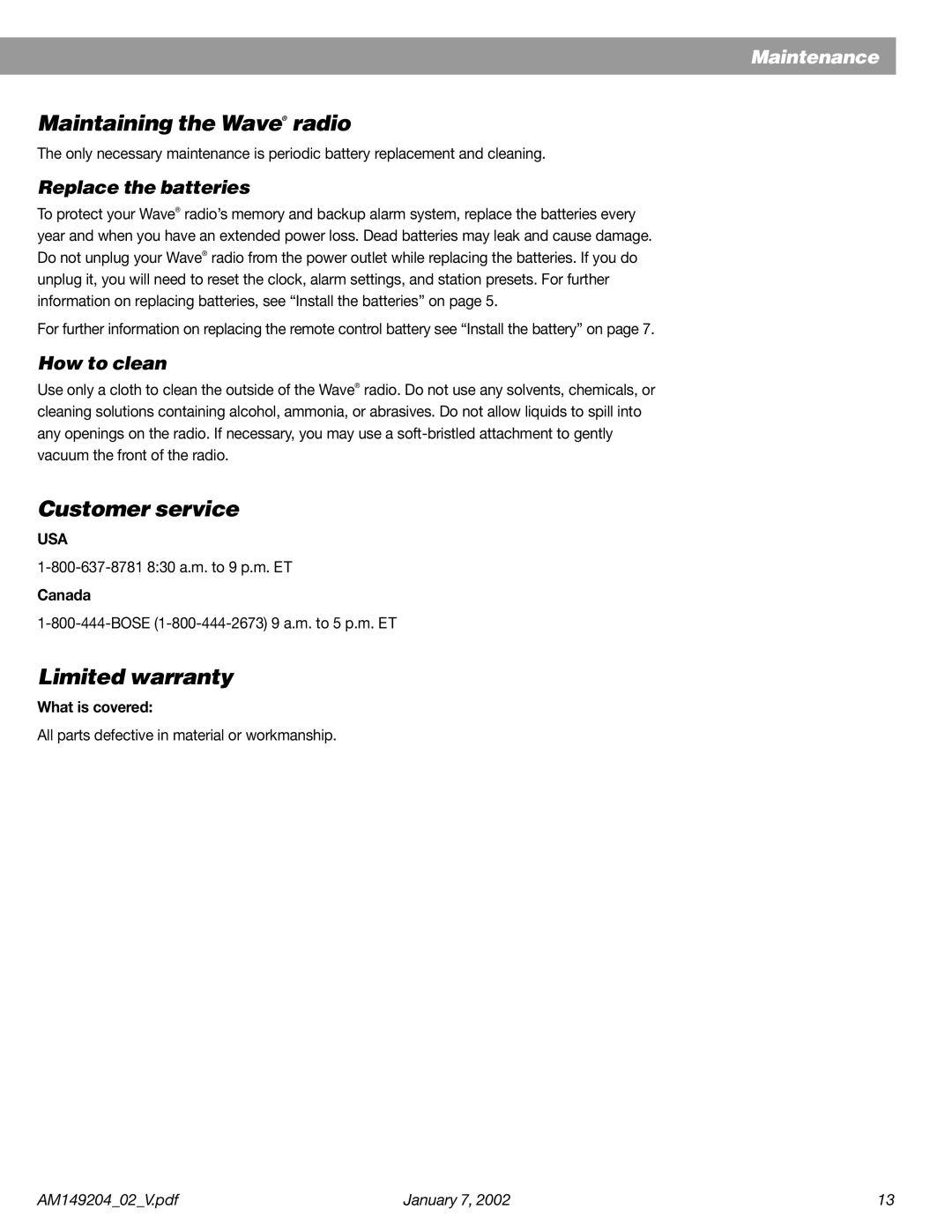 Bose Wave Radio manual Maintaining the Wave radio, Customer service, Limited warranty 