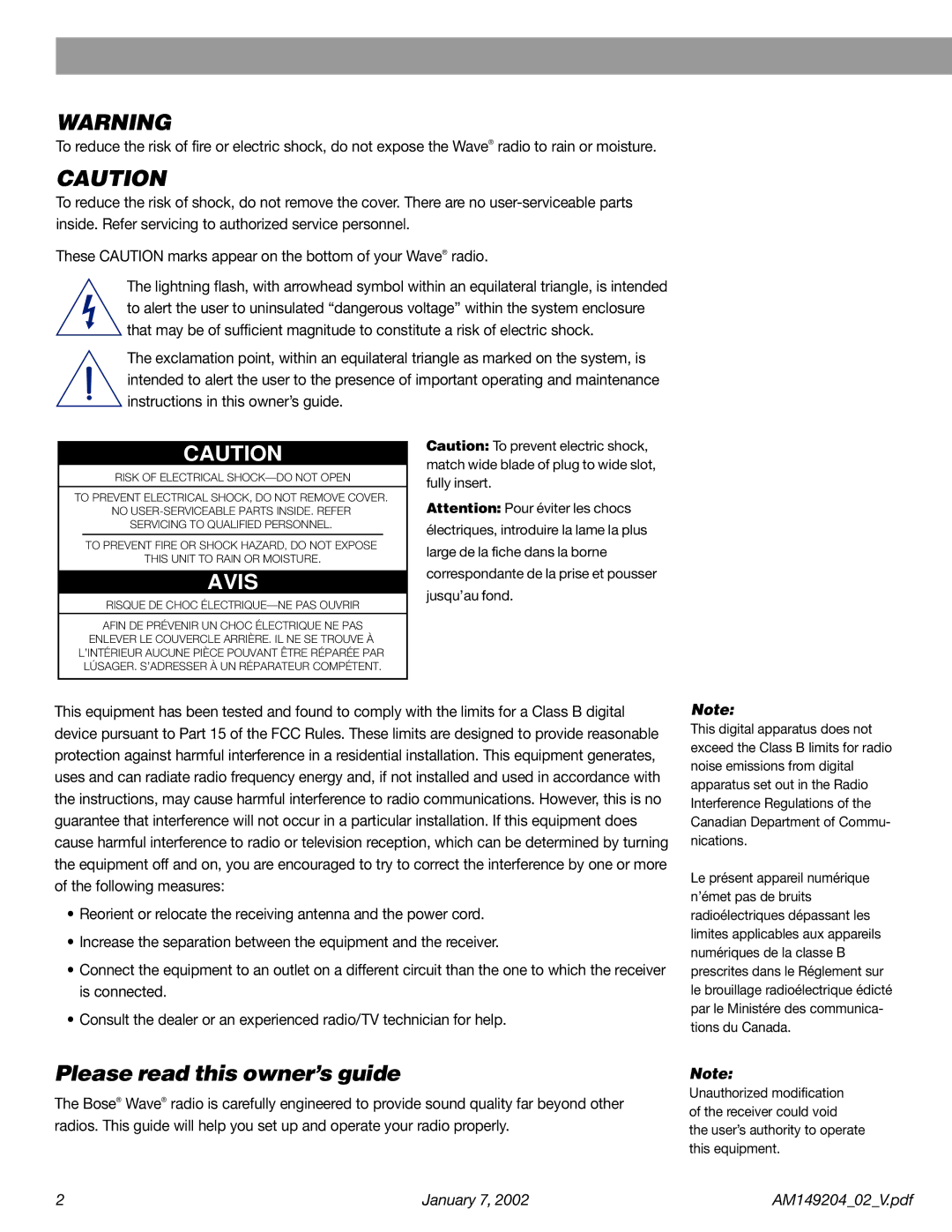 Bose Wave Radio manual Please read this owner’s guide, Avis 