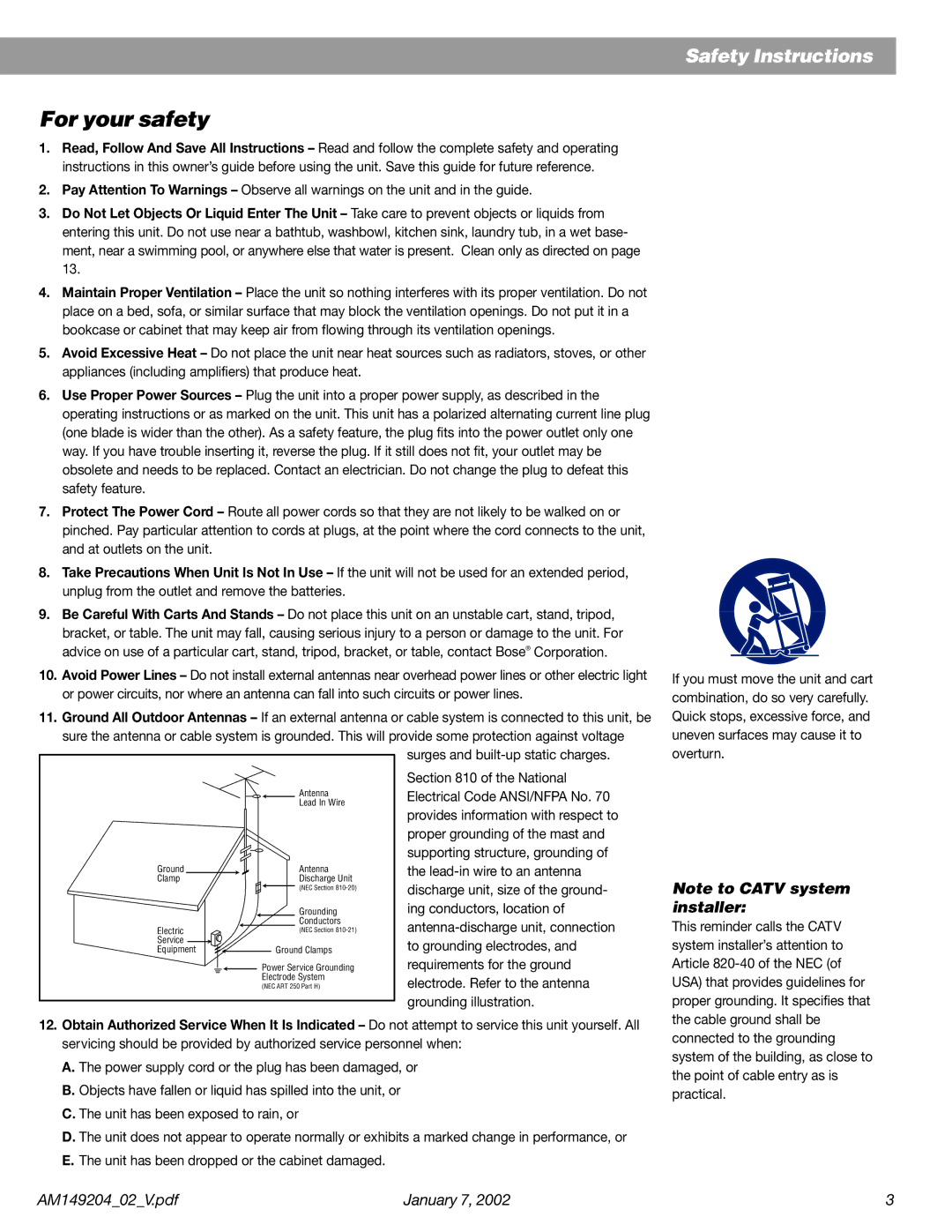 Bose Wave Radio manual For your safety 