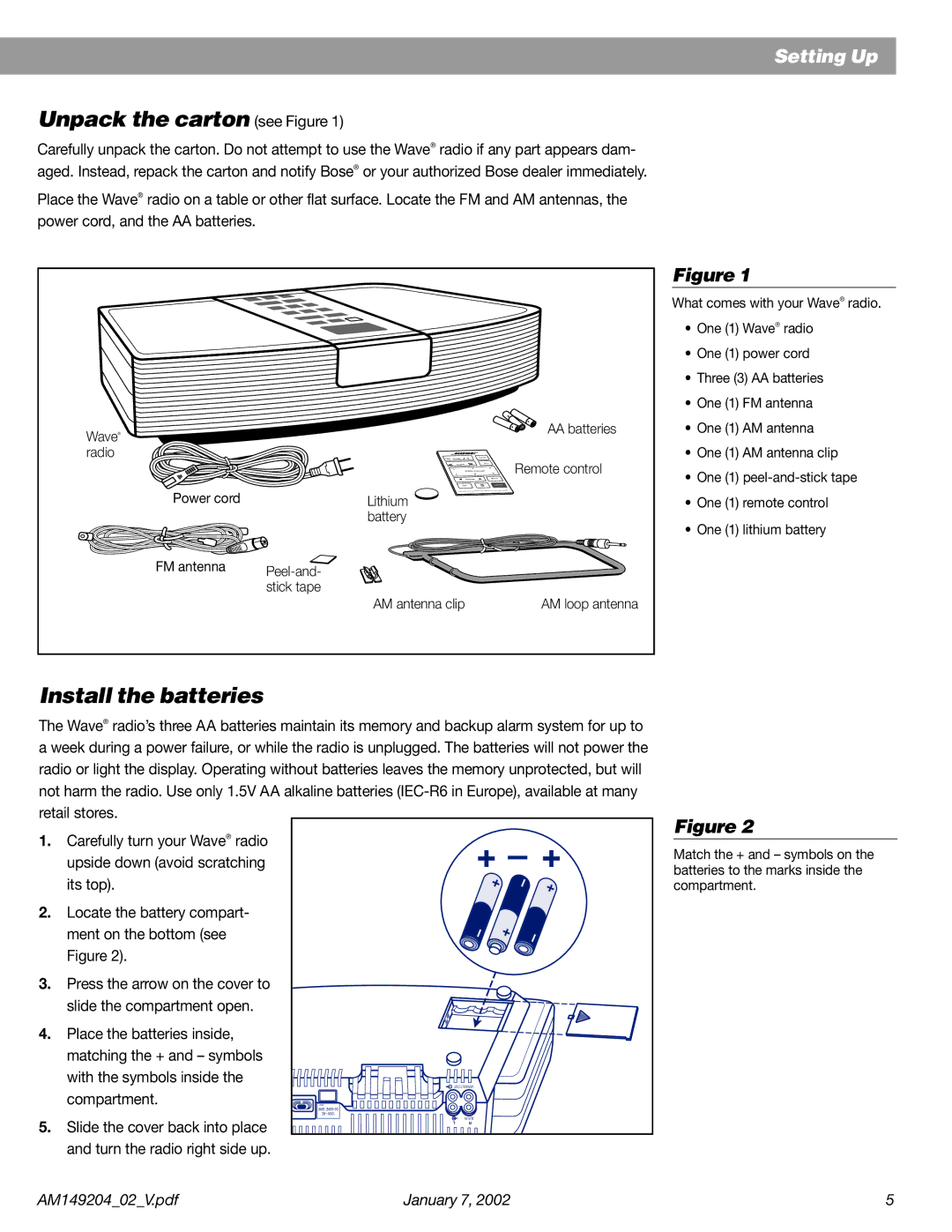 Bose Wave Radio manual Unpack the carton see Figure, Install the batteries 