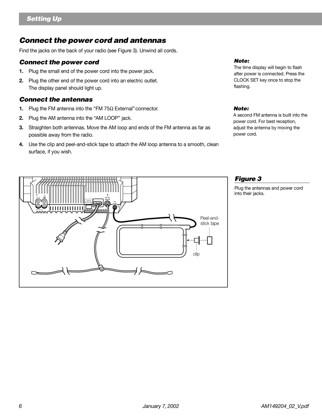 Bose Wave Radio manual Connect the power cord and antennas, Clip, Plug the antennas and power cord into their jacks 