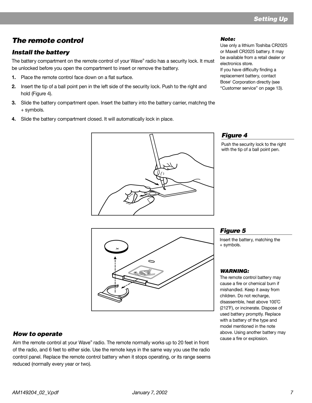 Bose Wave Radio manual Remote control, Insert the battery, matching the + symbols 