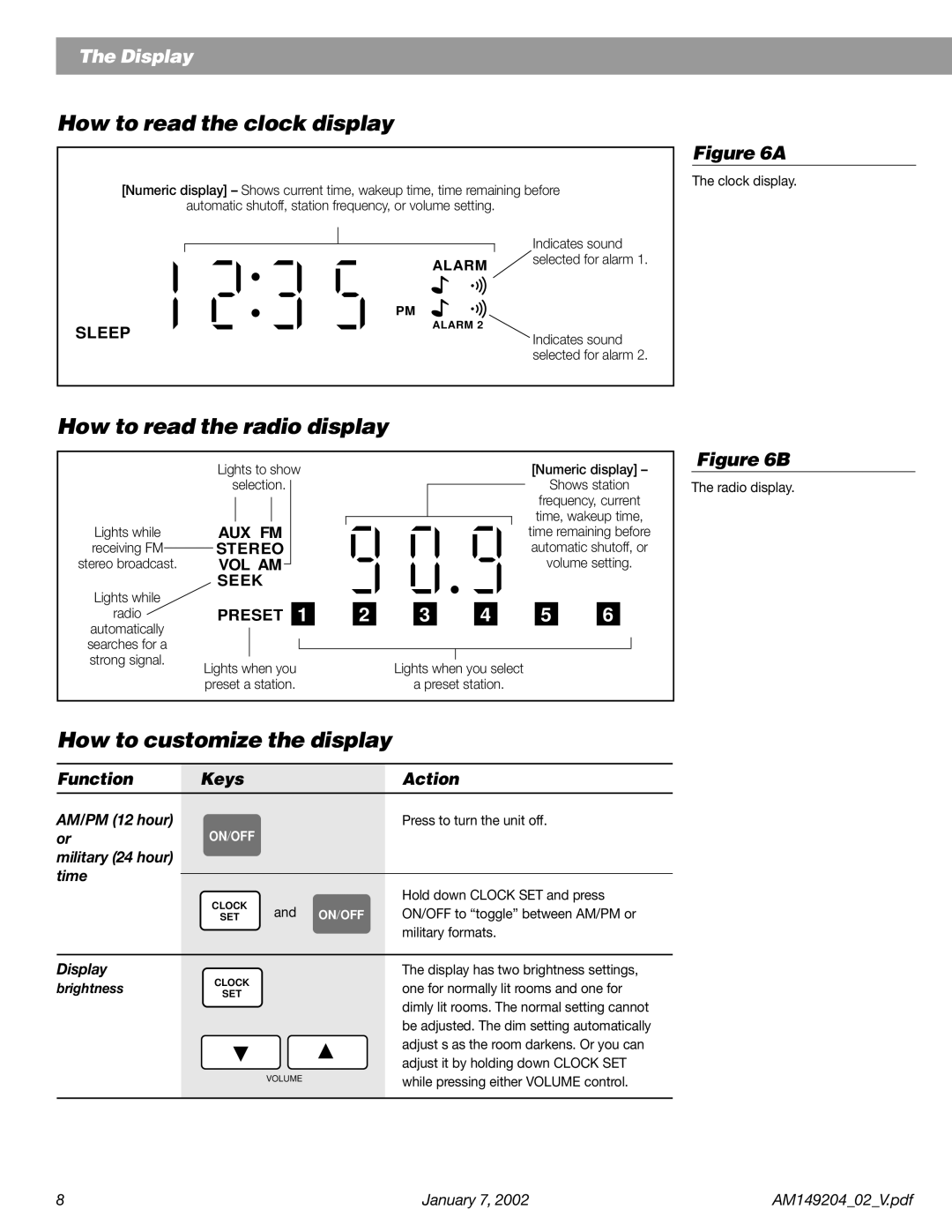 Bose Wave Radio manual How to read the clock display, How to read the radio display, How to customize the display 