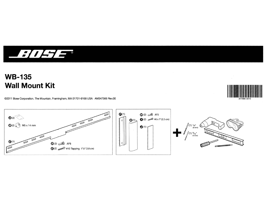 Bose WB135 manual WB-135 Wall Mount Kit 