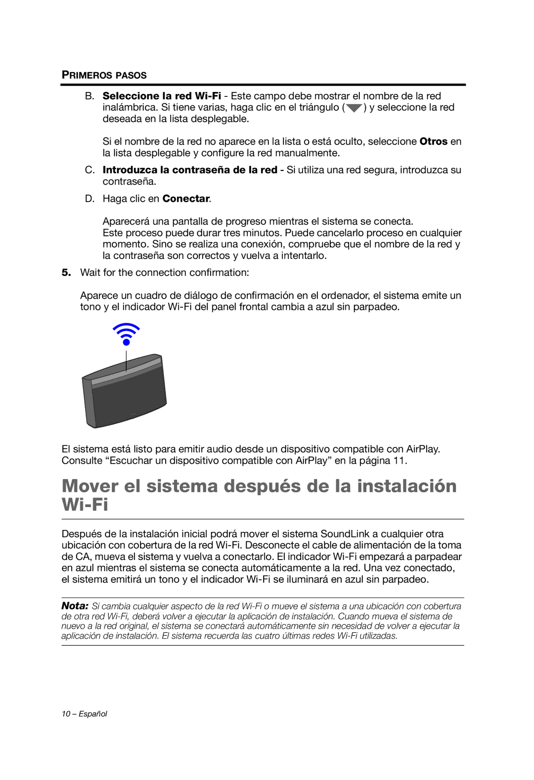 Bose Whippet_OG_SPA manual Mover el sistema después de la instalación Wi-Fi 