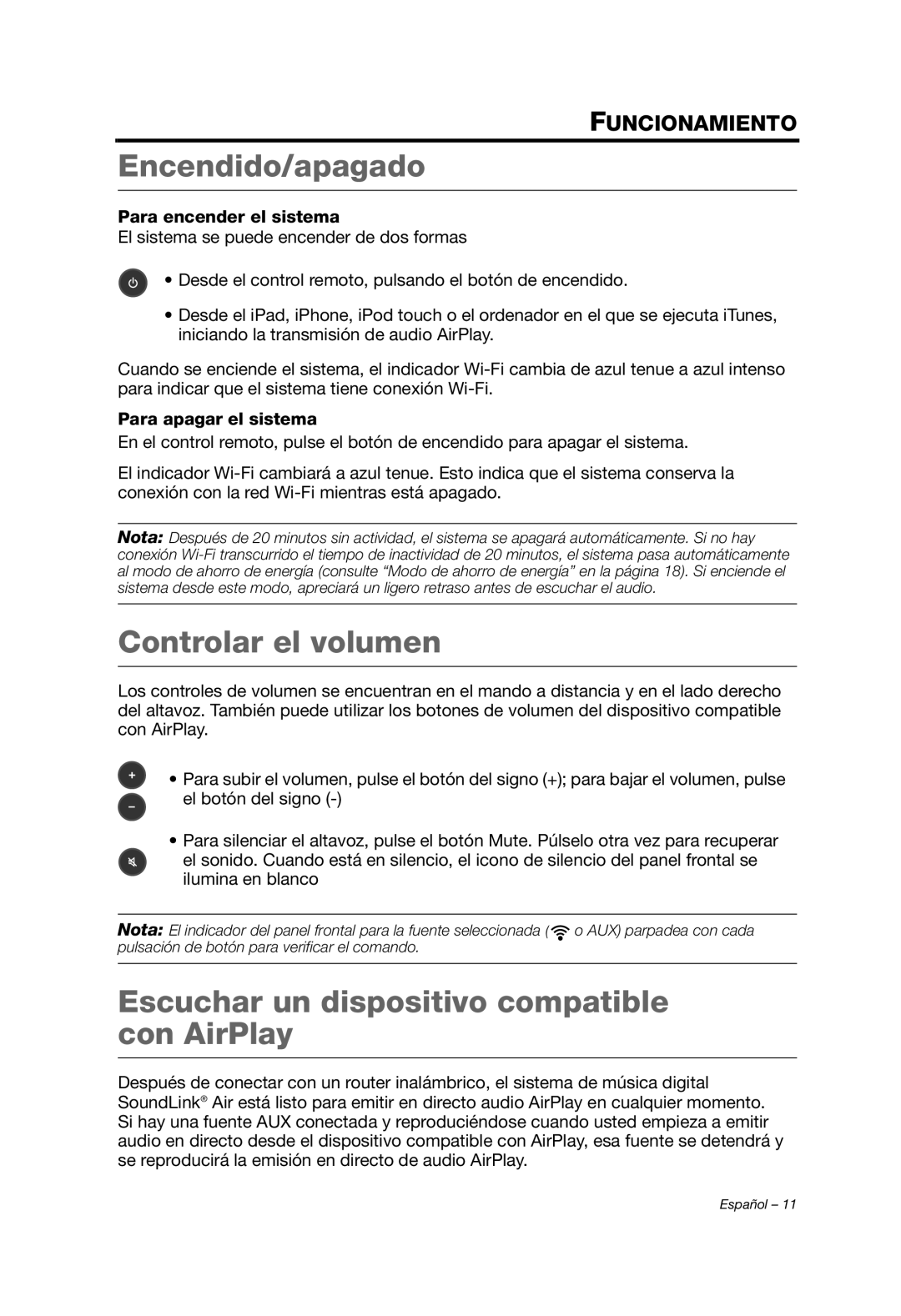 Bose Whippet_OG_SPA manual Encendido/apagado, Controlar el volumen, Escuchar un dispositivo compatible con AirPlay 