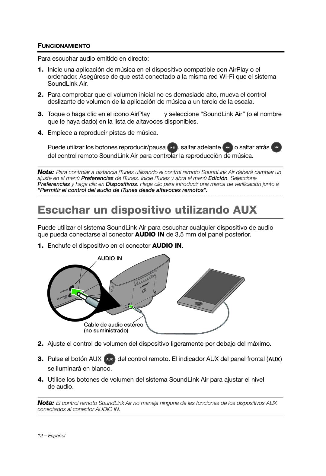 Bose Whippet_OG_SPA manual Escuchar un dispositivo utilizando AUX 