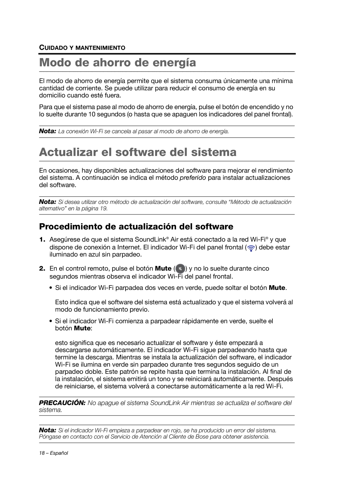 Bose Whippet_OG_SPA manual Modo de ahorro de energía, Actualizar el software del sistema 