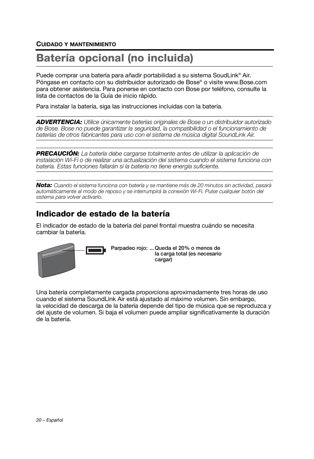 Bose Whippet_OG_SPA manual Batería opcional no incluida, Indicador de estado de la batería 