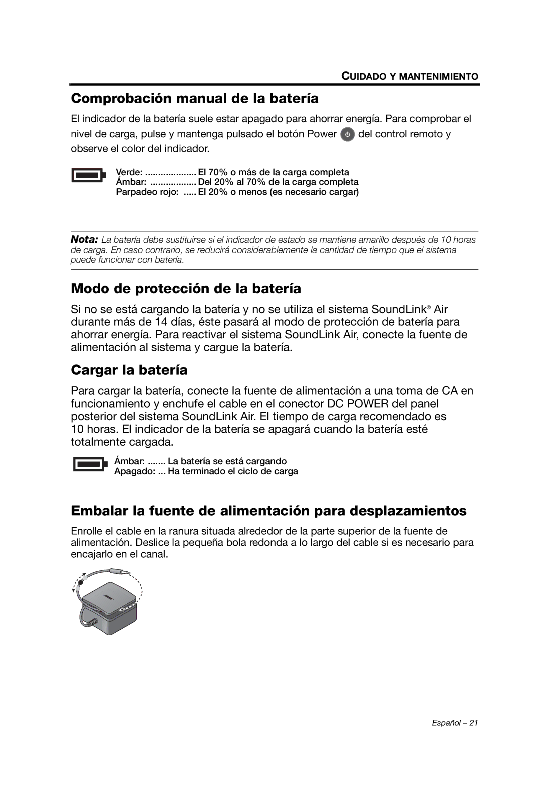 Bose Whippet_OG_SPA Comprobación manual de la batería, Modo de protección de la batería, Cargar la batería 