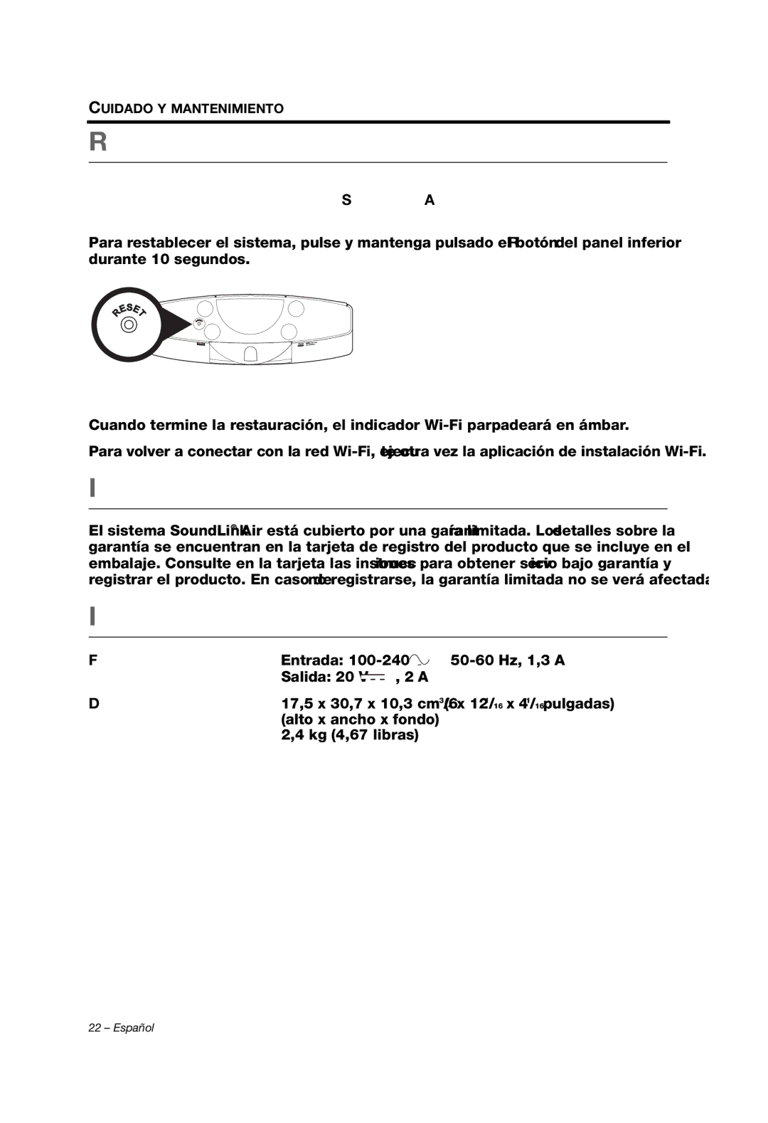 Bose Whippet_OG_SPA Restaurar la configuración de fábrica, Información sobre la garantía limitada, Información técnica 