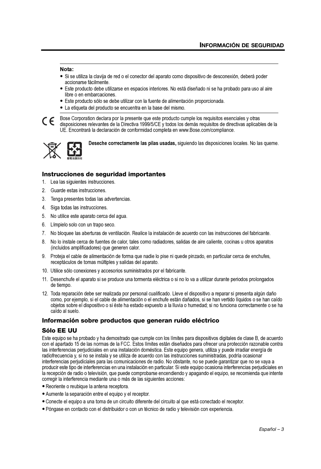 Bose Whippet_OG_SPA manual Instrucciones de seguridad importantes, Información DE Seguridad 