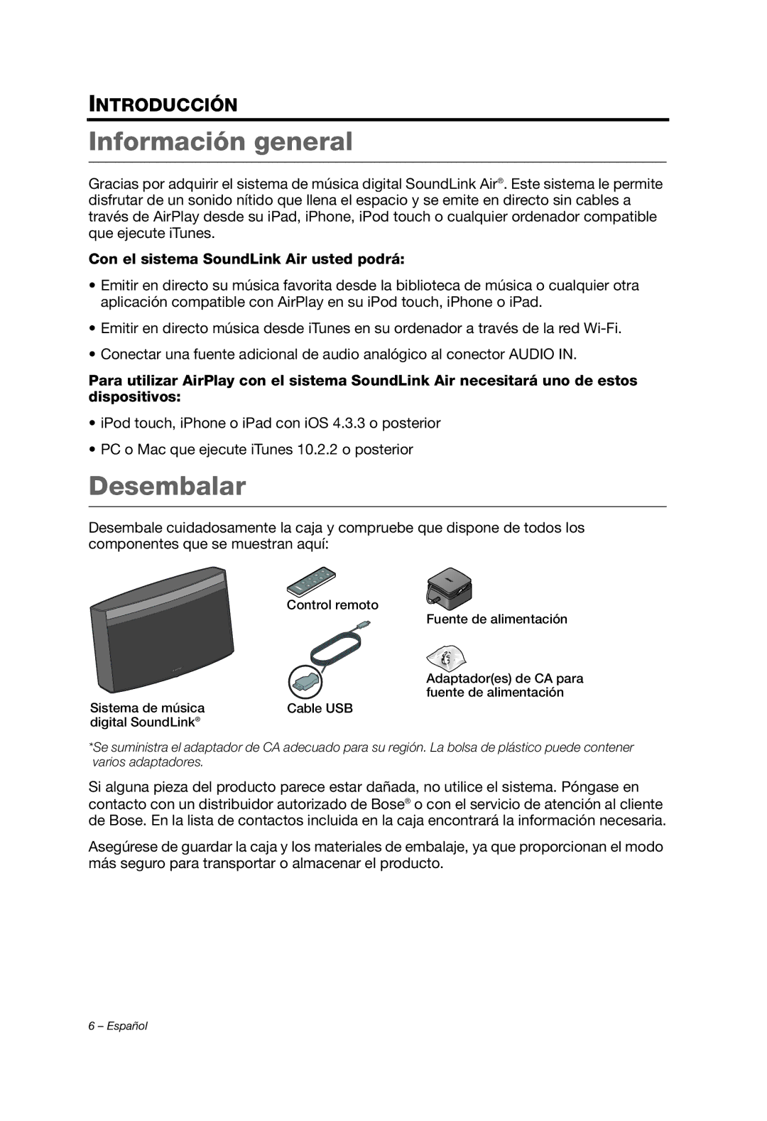 Bose Whippet_OG_SPA manual Información general, Desembalar, Con el sistema SoundLink Air usted podrá 