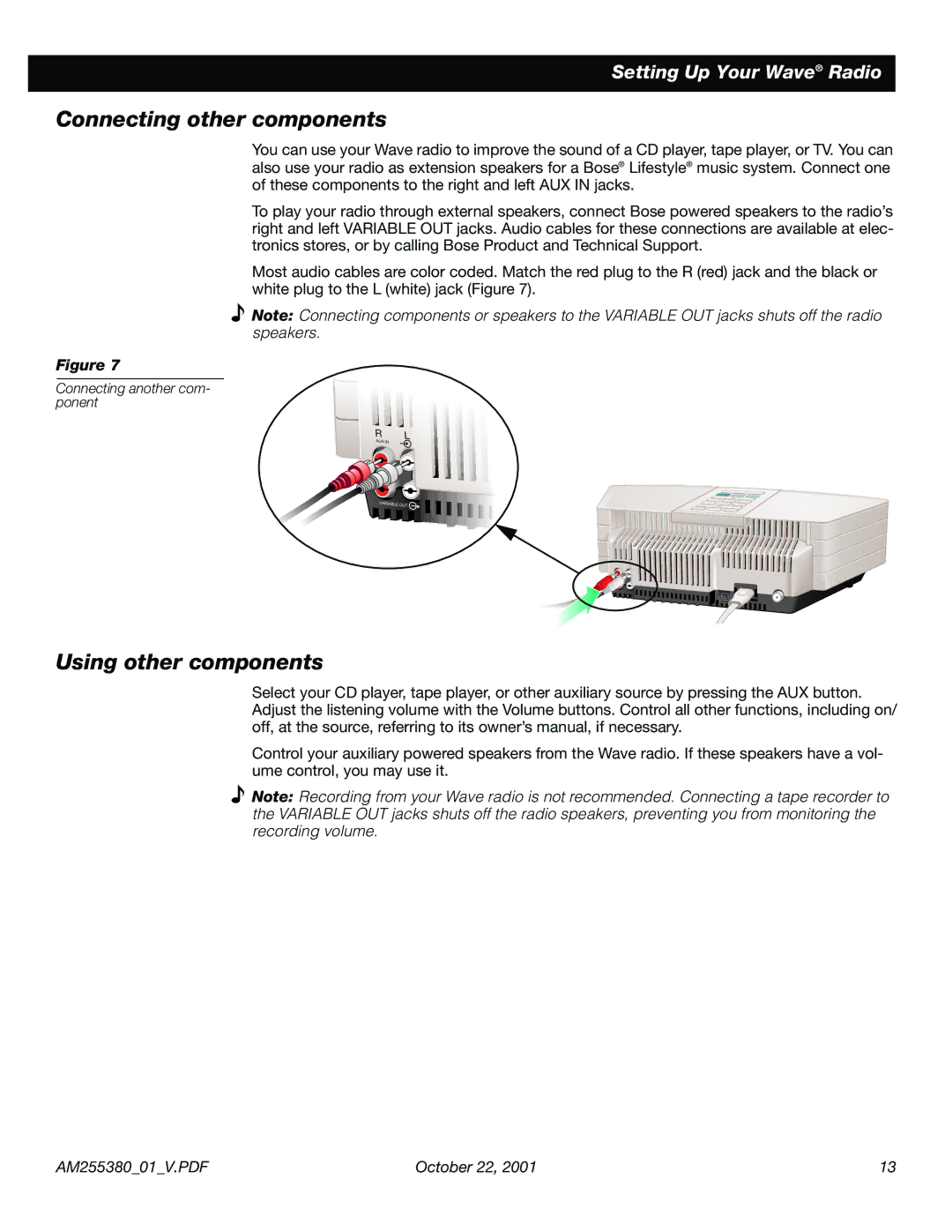 Bose WRV5 manual Connecting other components, Using other components 