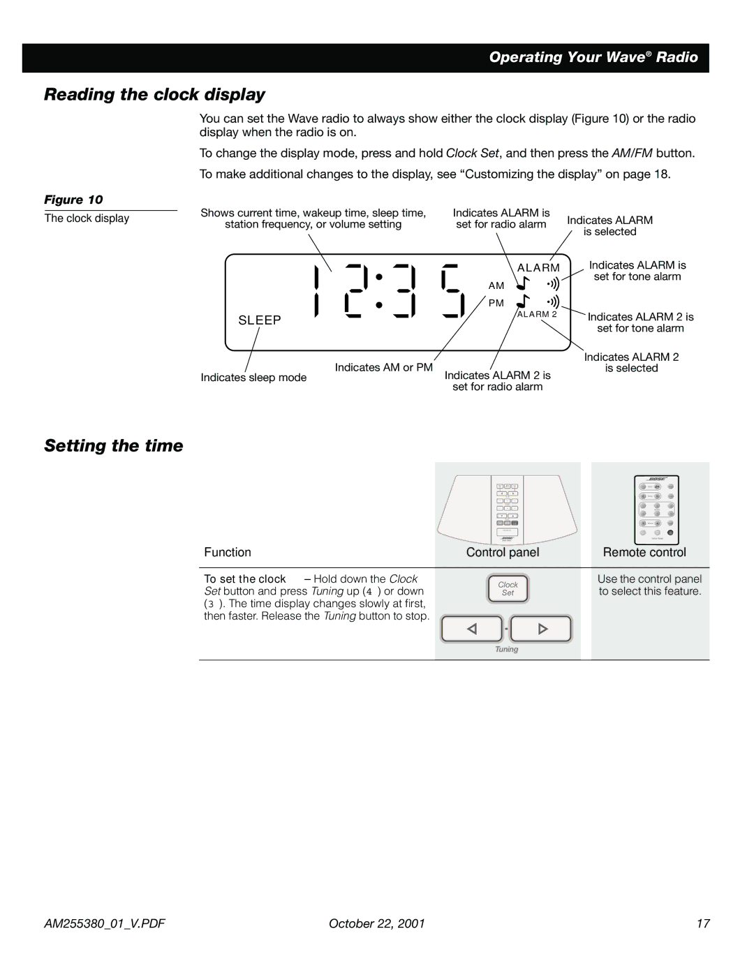 Bose WRV5 manual Reading the clock display, Setting the time 