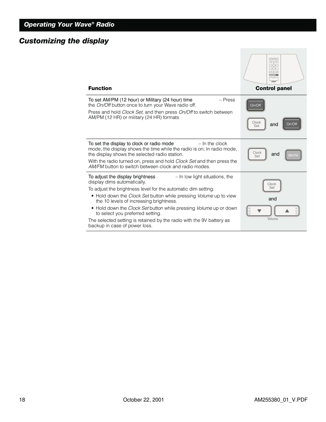 Bose WRV5 manual Customizing the display, Function Control panel 