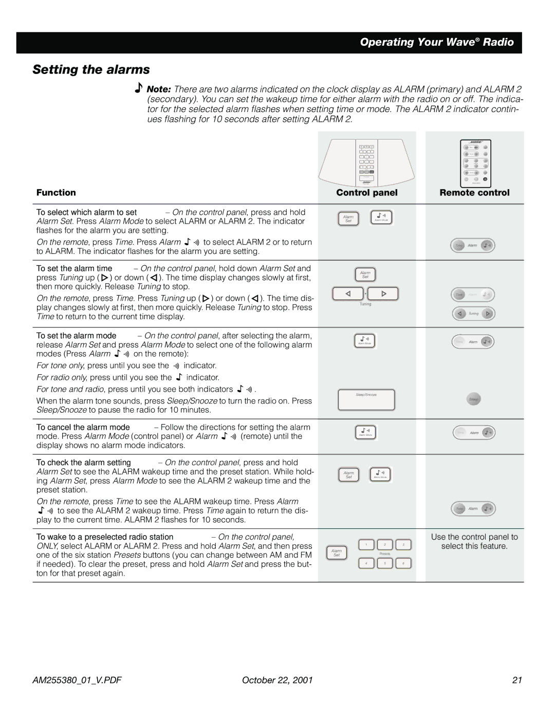 Bose WRV5 manual Setting the alarms, To cancel the alarm mode 